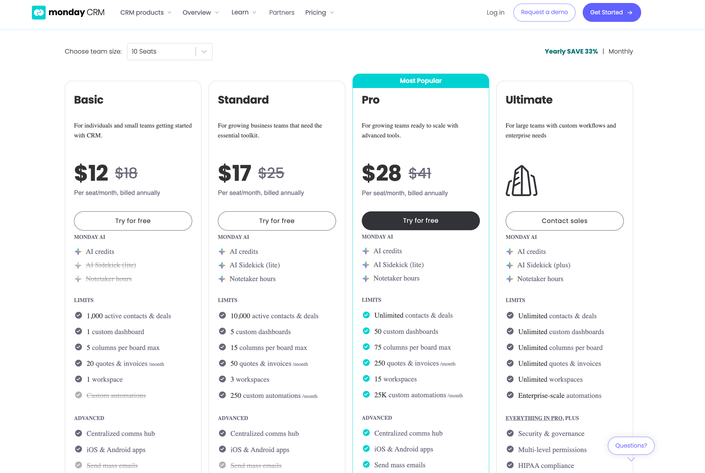 Screenshot of monday CRM pricing plans for a 10-seat team, featuring Basic, Standard, Pro, and Ultimate tiers. The Pro plan is highlighted as the most popular option.